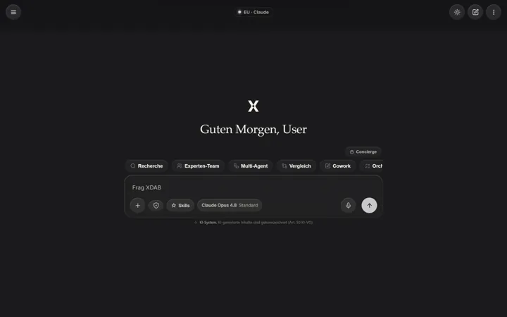 XDAB-Workspace am Desktop: Begrüßung, sieben Arbeitsmodi und Eingabefeld mit Modellwahl